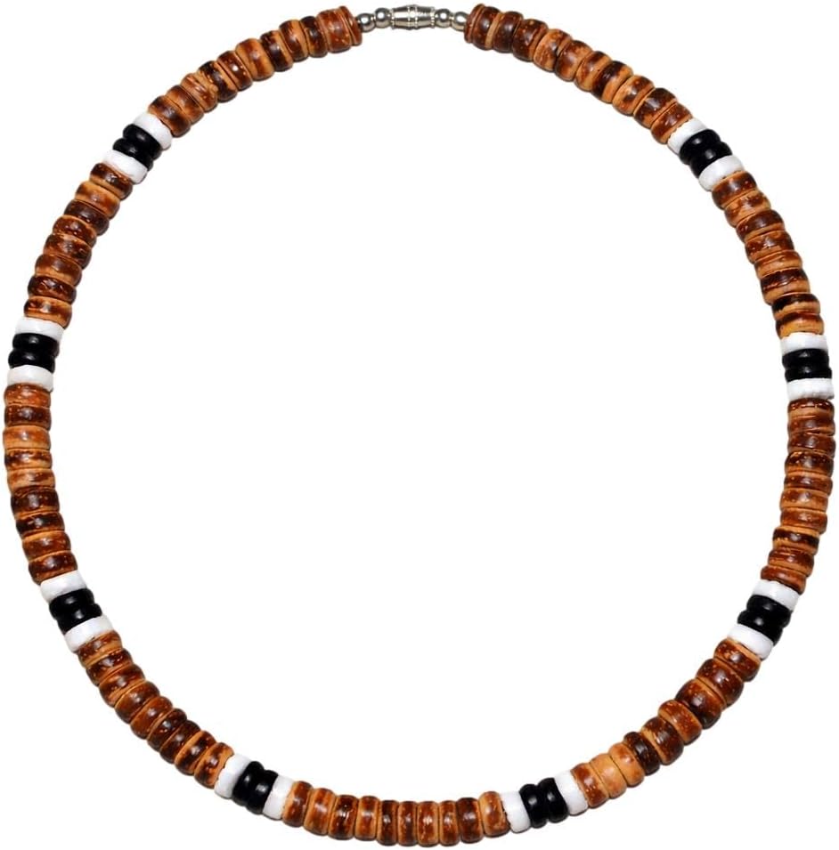 Native Treasure 8mm Coconut Bead Necklace with White Clam Heishi Accents, Stainless Steel Cable, Handmade in the Philippines, Island Surfer Style for Men and Women