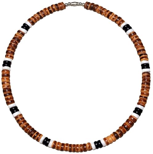 Native Treasure 8mm Coconut Bead Necklace with White Clam Heishi Accents, Stainless Steel Cable WIre, Handmade in the Philippines, Island Surfer Style for Men and Women (16 inch)