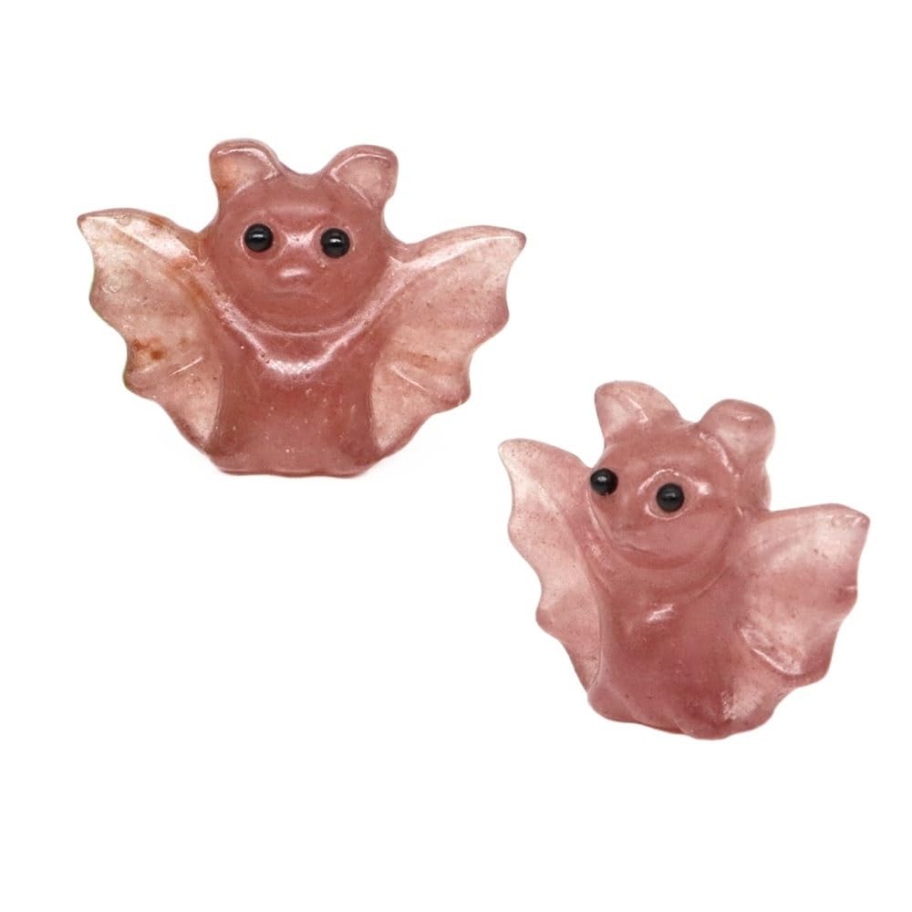 HUFFA 2pcs 1.6'' Hand Carved Rose Quartz Bat Statue - Natural Crystal Animal Figurine for Home Decoration and Meditation(Strawberry Quartz)