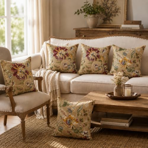 Image of Clasiko Cotton Cushion Covers Set of 5; 16x16 Inches; Floral Fushion