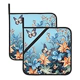 Juego de 2 soportes para ollas con estampado floral de mariposa azul, resistentes al calor, impermeables, almohadillas calientes para cocina, lindas almohadillas calientes con lazo para cocinar