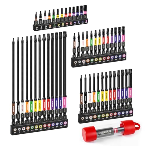 Geinxurn Impact Torx Screwdriver Bits Set, 52Pcs Magnetic(T7-T40) S2 Steel 1”/2”/3”/6” Long Extension Multi Star Driver Bits and 1Pc Bit Holder with Color Coded Base