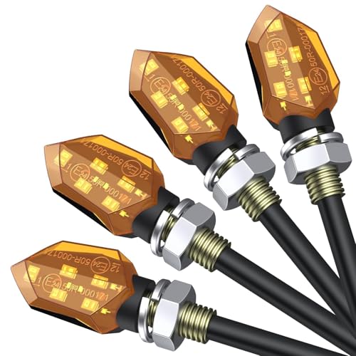 Justech 4PCS Mini Intermitente de Moto Homologado E-Mark E24,12V 5LED Luz de Giro IP65 Impermeable,Ámbar Bombillas de Indicador con 1.5m tornillo M8,50cm cable para Motos, Scooters
