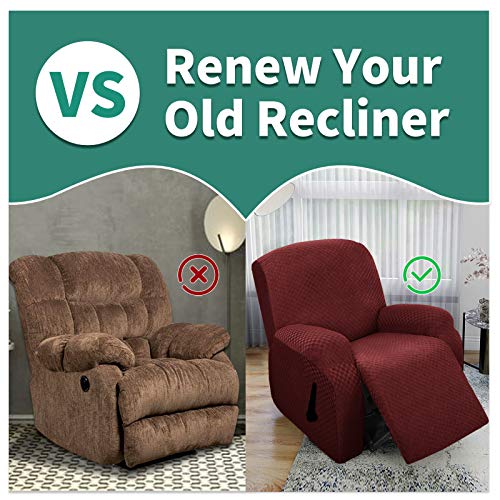 Image of YEMYHOM 4 Pieces Stretch Recliner Slipcover Jacquard Recliner Chair Cover with Side Pocket Anti-Slip Fitted Recliner Cover Couch Furniture Protector with Elastic Bottom (Recliner, Wine Red)