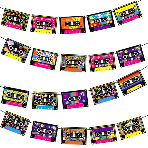 Cassette Tape Party Banners 4PCS Cassette Player Party Decorations Radio Boom Box Cutout Banners Cassette Birthday Supplies for Retro 70‘s 80's 90's Music Party Decor