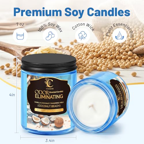 Image of Odor Eliminating Candle, Home Scented Candles, Coconut Beach, 7oz | Soy Wax Candles, 50Hr Burn , Eliminates 95% Of Pet, Food & Other Smells, Air Freshening Scent Candle Gifts For Women Men