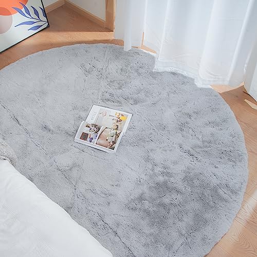 Grey Round Rug 3ft Machine Washable Shaggy Area Rugs for Living Room Faux Bunny Fluffy Fur Rug for Bedroom Small Circle Nursery Rug