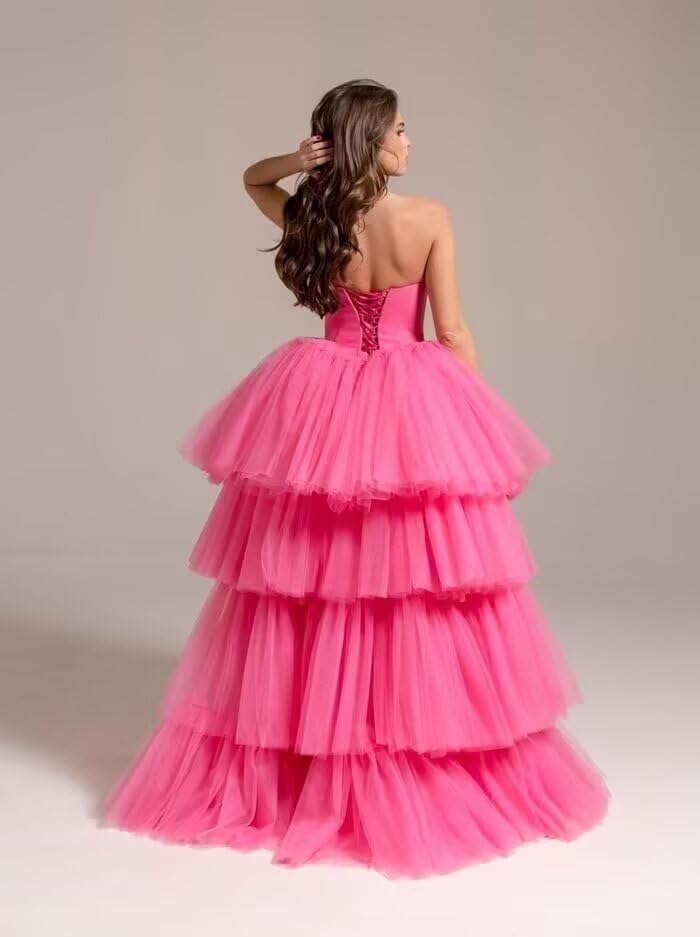 High Low Tulle Prom Dresses Long Strapless Tiered Formal Dresses A Line Evening Dress with Train2