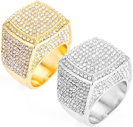 Hip Hop Iced Out Silver and Gold Rings for Men,Bling Gold Diamond Men Rings,Big Boss Rings Size 8/9/10/11/12 (Ring 1-Gold,#9)