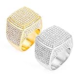 HH BLING EMPIRE Iced Out Gold Silver Rings for Men, Bling Hip Hop Rapper Icy Diamond Men Rings, Big Square Ring Band Gold Plated | Size 9