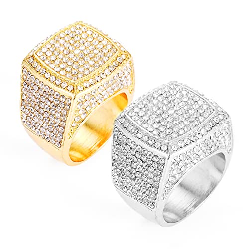 HH BLING EMPIRE Iced Out Gold Silver Rings for Men, Bling Hip Hop Rapper Icy Diamond Men Rings, Big Square Ring Band Size 8/9/10/11/12