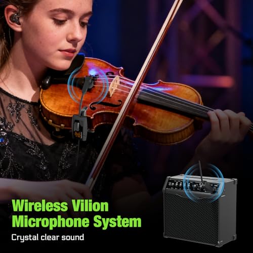 Image of UHF Wireless Violin Cello Microphone System Violin Pickup Clip-on Instrument Microphones with Transmitter and Receiver for Musicians, Teachers, Stage Performances, Active PA Systems, 196ft Range