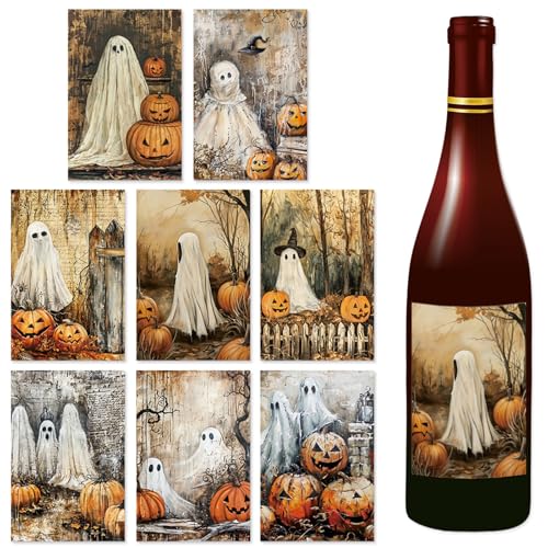 8 Pcs Retro Funny Halloween Pumpkin Ghost Wine Bottle Labels