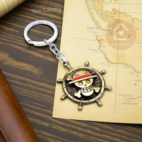 Image of One Piece Anima Manga Pirate Flag Logo Wheel Rotating Heavy Metal Keychain,|Anime Key ring| Perfect Keychain For Anime Lover|car Bikes Gold & Grey Combo pack