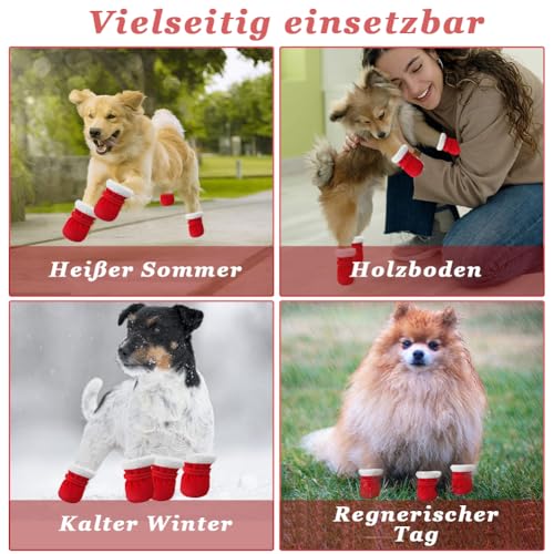 4 Stück Hundeschuhe Winter, Warm Hundeschuhe Pfotenschutz Outdoor mit Rutschfester Sohle, Verstellbarem Klettverschluss, Winter Schnee Hundestiefel für kleine, mittlere Sport im Freien (Rot)