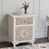 HOMPUS White Nightstand with Drawer & Storage, Fully-Assembled Flower Motif Night Stand for Small Spaces, 2 Drawer End Table with Storage for Living Room, Bedroom, Distress White