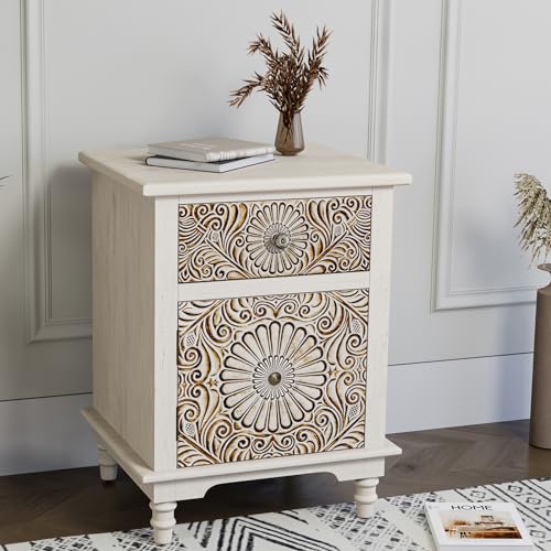 HOMPUS White Nightstand with Drawer & Storage, Fully-Assembled Flower Motif Night Stand for Small Spaces, 2 Drawer End Table with Storage for Living Room, Bedroom, Distress White