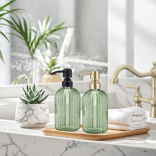 Image of 16Oz Green Glass Soap Dispenser with Rust Proof Bronze Stainless Steel Pump, Green Countertop Refillable Liquid Lotion Dispensers with Stainless Steel Pump, Oil Rubbed Bronze Soap Dispenser,2 Packs