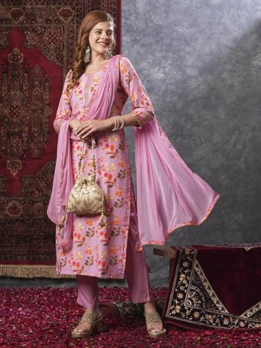 Image of GoSriKi Women's Cotton Blend Printed Straight Kurta and Pant with Dupatta Set