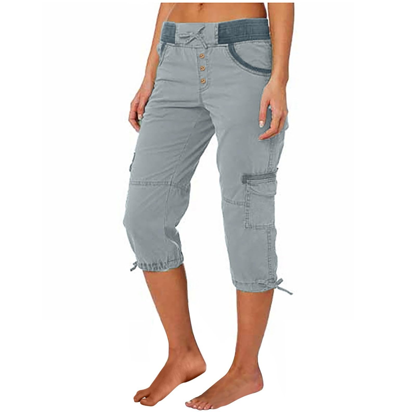 Linen Cargo Capri Pants for Women Plus Size Elastic Waist Bermuda Shorts Summer Casual Knee Length Hiking Pants