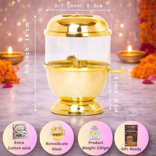 Image of Brass akhand Diya, Medium Size 150ml | 6 Long Wicks Included | with Wick-Lifting Screw Lever & Borosilicate Glass - Long Burning Oil lamp for Pooja | deepam for mandir, Home Temple