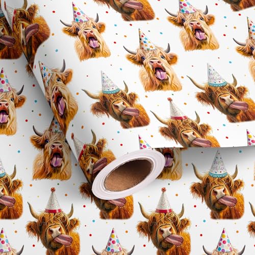 Altarho Highland Cow Wrapping Paper Roll for Boys Kids - Funny Western Cow Design Animal Birthday Gift Wrap for Baby Shower Holiday Party Celebration Family Gathering - Total 28.5 sq.ft