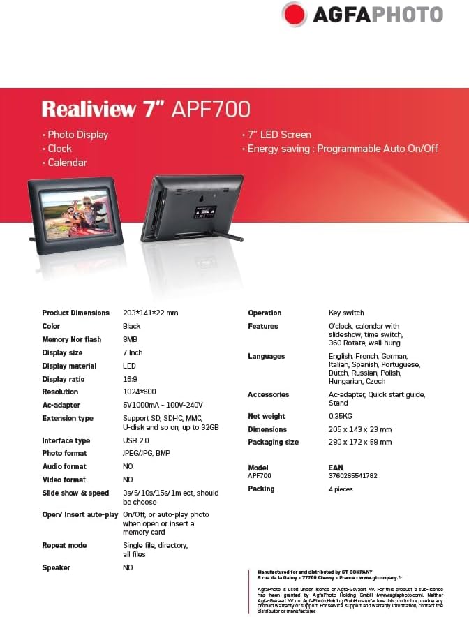 Detailed specification sheet for AGFA PHOTO Realiview 7 inch APF700 digital photo frame.