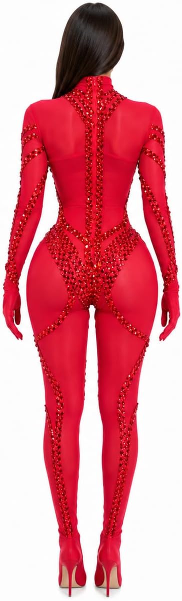 Women's Red Rhinestone Bodysuit Costume, Long Sleeve Stage Performance Jumpsuit, One Size