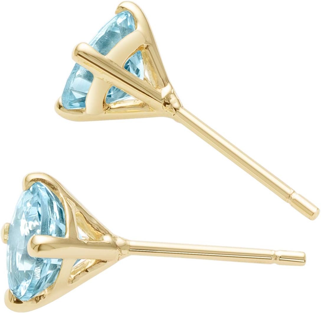 Peora 14K Yellow Gold Genuine Aquamarine Stud Earrings for Women, Classic Solitaire Round Shape, 6mm, 1.50 Carats total, Friction Back, Blue Aquamarine Jewelry, March Birthstone Earrings