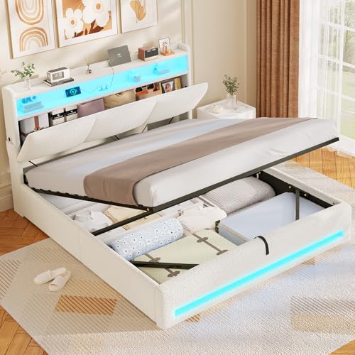 AOGLLATI Polsterbett 140×200 mit Steckdosen und LED-Beleuchtung, Doppelbett mit Stauraum Kopfteil, Bett 140×200 mit Hydraulische Metallrahmen und Lattenrost aus Holz, Bouclé, Beige(Ohne Matratze)
