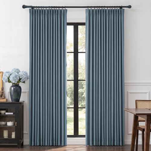 Image of MYSKY HOME Dusty Blue Pinch Pleated Full Black Out Curtains 108 inches Long for Bedroom Living Room Linen Textured Room Darkening Blue Grey Window Drapes, 40 inch Wide per Panel, 2 Pcs