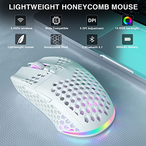 Solakaka White Wireless Gaming Mouse Bluetooth With Honeycomb Shell, Side Buttons,Tri-Modes(Bt5.1+Bt5.1+2.4Ghz) Lightweight Rgb Wireless Mouse For Pc/Tablet/Desktop/Office/Games #TOP1