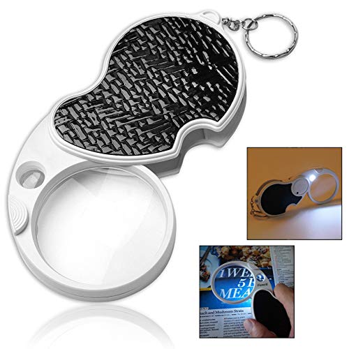 LHKJ Mini LED Light 3X Magnifying Glass with 15X Loupe, Portable Folding Keyring 60mm Diameter Lens for Reading, Travel Handy