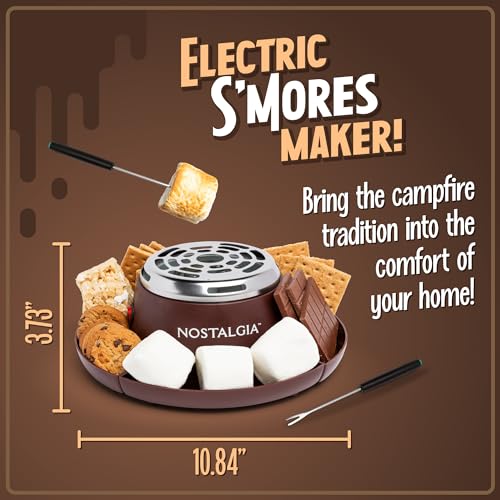 Nostalgia Tabletop Indoor Electric S'mores Maker - Smores Kit With Marshmallow Roasting Sticks and 4 Trays for Graham Crackers, Chocolate, and Marshmallows - Movie Night Supplies - Brown