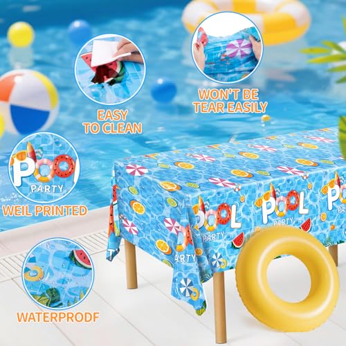 Image of Miucat 3pcs Pool Party Table Cloth Disposable, Waterproof Summer Tablecloth for Beach Swimming Pool Summer Birthday Party Dining Table Decor 54 X 108 Inch