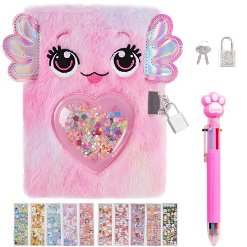 Mini Axolotl Diary for Girls with lock and keys, 8x8.5 in Kids Journal School Travel Notebook Gift 80 Sheets/160 Pages with Multicolored Pen, Stickers for Writing & Drawing Birthday Gift for Girls