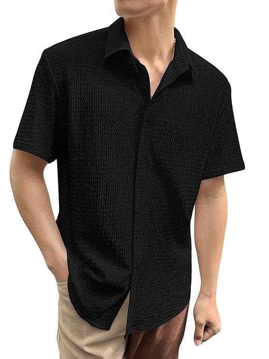Image of GRECIILOOKS Men's Polycotton Shirt |Stylish Casual Regular Fit Shirts | Textured Half Sleeve | Slim Fit | Business & Meeting Ready (Available in Plus Size)