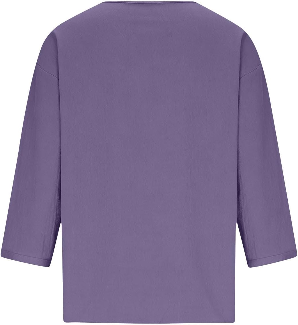 Women's Shirt Crew Neck 3/4 Sleeve Cotton Linen Casual | 3/4 Length Sleeve Womens Tops Cotton Linen Shirts Crewneck Loose Fit Casual Blouses Early Fall Fashion Clothes