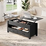 GarveeHome Coffee Table Lift Top, Convertible Coffee Table with Wooden Lift Tabletop, 2 Drawers and Hidden Compartment, Central Table with Storage for Living Room Home Office, Black