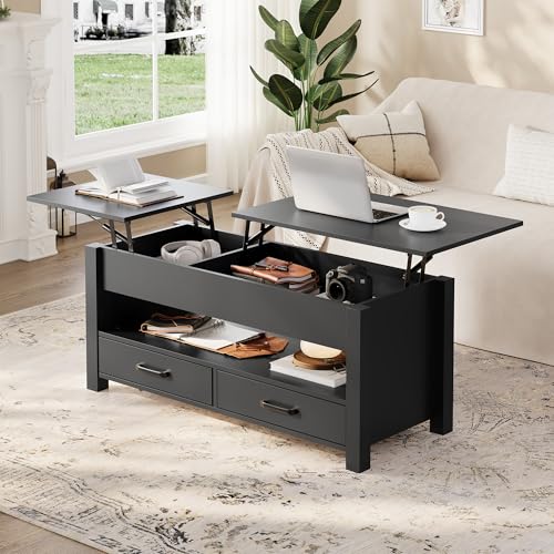 GarveeHome Coffee Table Lift Top, Convertible Coffee Table with Wooden Lift Tabletop, 2 Drawers and Hidden Compartment, Central Table with Storage for