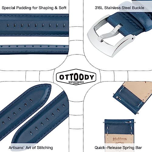 Image of OTTOODY Leather Watch Bands Quick Release, Elegant Top Grain Leather Watch Straps for Men & Women, Choice of Color & Width - 18mm, 19mm, 20mm, 21mm or 22mm Wristbands Bracelet for Watch & Smartwatch