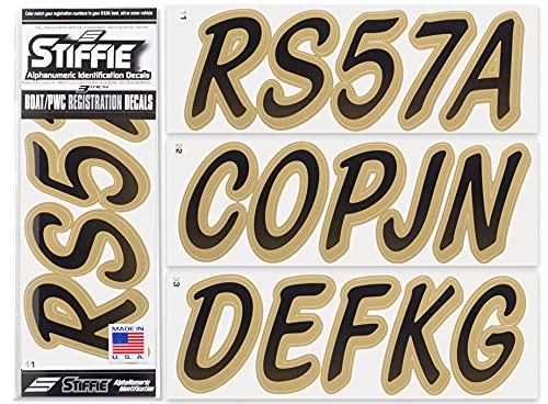 Image of STIFFIE Whipline Black /Metallic Gold 3 inch Boat & PWC Registration Decals • Numbers Letters Stickers