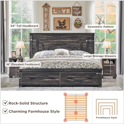 RedLemon-Farmhouse-Queen-Size-Bed-Frame-w-54-Tall-Geometric-Headboard-Rustic-Wood-Platform-Bed-w-2-Large-Storage-Drawers-Wood-Slats-Support-Noise-Free-No-Box-Spring-Needed-Dark-Rustic-Oak RedLemon Farmhouse Queen Size Bed Frame w 54 Tall Geometric Headboard Rustic Wood Platform Bed w 2 Large Storage Drawers Wood Slats Support Noise Free No Box Spring Needed Dark Rustic Oak