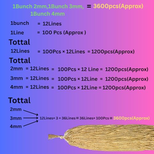 Image of (2mm1Bunch, 3mm 1Bunch, 4mm 1Bunch) Aari Gold Bunch Beads for Embroidery Work, Jewellery Making, Arts and Crafts Kids DIY Making (1, 2mm,3mm,4mm)