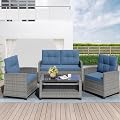Shintenchi 4 Piece Patio Furniture Set, Outdoor Rattan Conversation Set with Coffee Table, Outside Wicker Sectional Sofa Couch with Cushion, Gray and Blue