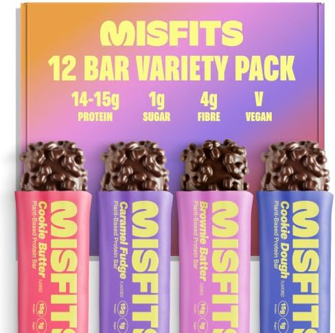 Misfits Vegan Protein Bar 4 Flavour Variety Pack | Sports Nutrition Bars - 14-15 grams Protein | 1 gram Sugar | Plant-Based, Low Carb, High Fibre | No Palm Oil | Non-GMO | Pack of 12 (3 x 4 Flavours)