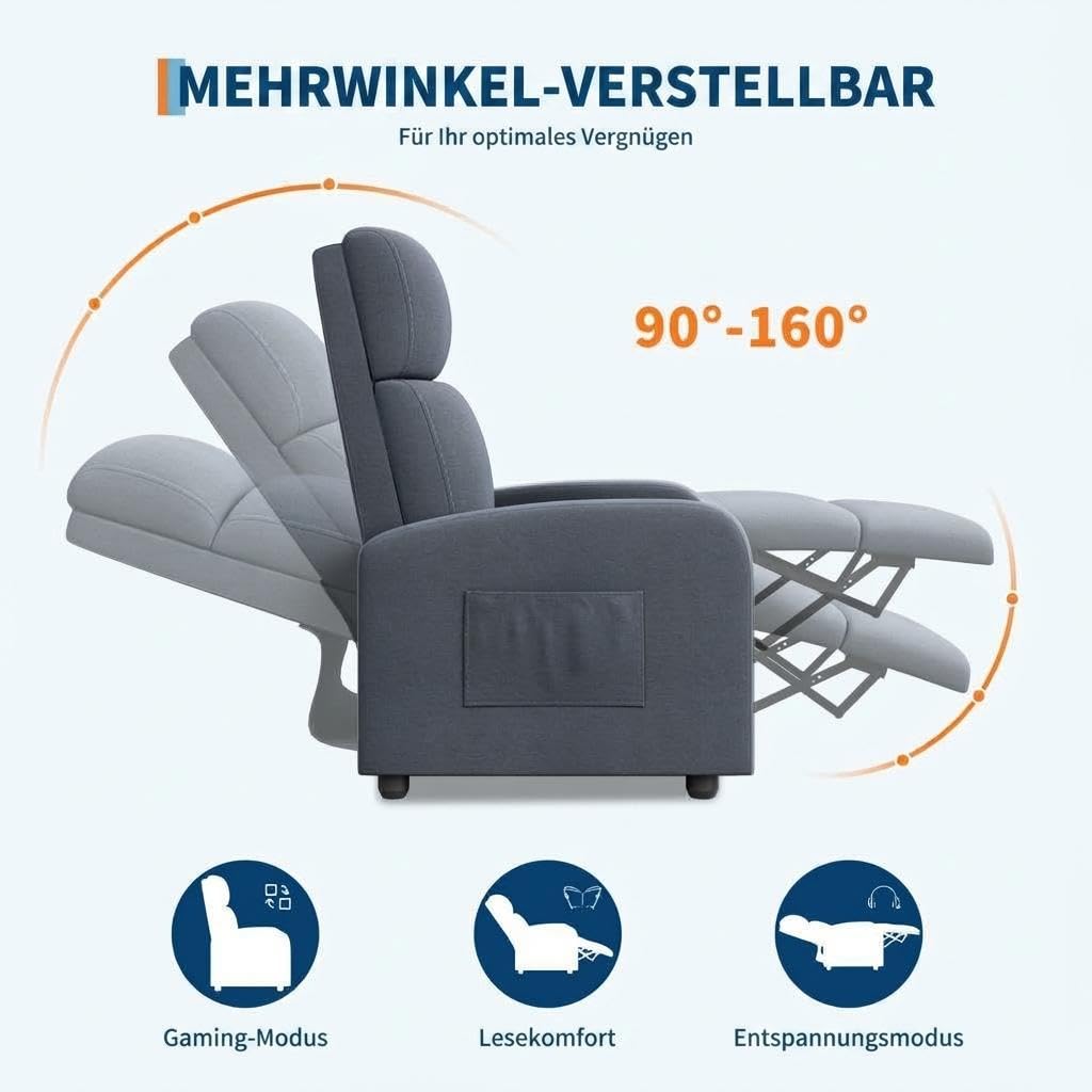 Garvee Relaxsessel Leinen, Fernsehsessel mit Liegefunktion & Seitentasche