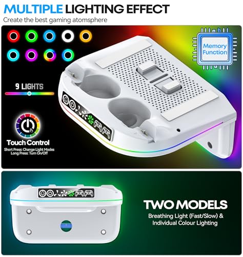 Image of PS 5 Wall Mount Kit with Cooling Fan and Charging Station Compatible with P5 / Slim / Pro Disc and Digital, PS Five Floating Base Holder Shelf with 9 RGB Lights & 3-Level Fan, P5 Accessories for Gaming