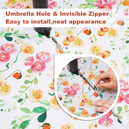 SquarePie Outdoor Tablecloth with Umbrella Hole Rectangle - 60x84 Inch Patio Table Cloth Waterproof Zipper Table Cover for Spring Summer Garden Camping Poolside Picnic BBQS, Rose Floral — view 2