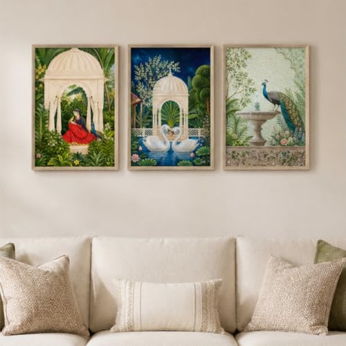 Image of Livin'luxe Set of 3 Royal Garden Wall Paintings for Living Room Dining Bedroom Home Decor with Premium Wooden Color Synthetic Frame (13.5 x 19.5 Inch) NM03-74